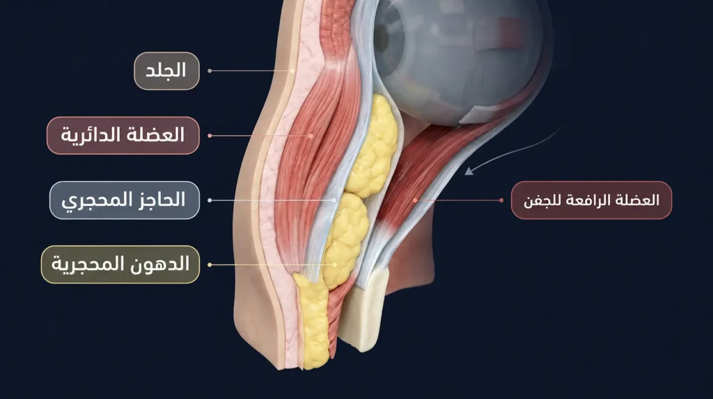 مقطع تشريحي ثلاثي الأبعاد للجفن العلوي يُظهر طبقات الجلد والعضلة الدائرية والحاجز المحجري والدهون المحجرية والعضلة الرافعة للجفن.