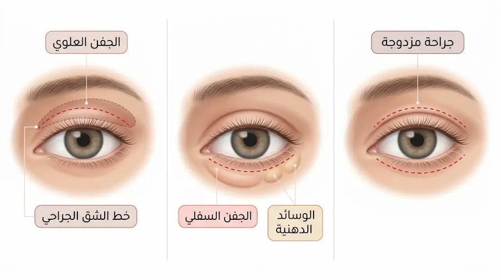 رسم طبي توضيحي يقارن بين قص الجفن العلوي والسفلي والجراحة المزدوجة مع تحديد مواقع الشقوق الجراحية والوسائد الدهنية.
