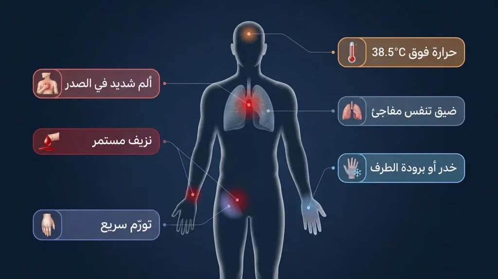 رسم توضيحي طبي يُظهر ست علامات خطر بعد القسطرة القلبية تستوجب التوجه للطوارئ وتشمل ألم الصدر والنزيف المستمر والتورم السريع وارتفاع الحرارة وخدر الطرف وضيق التنفس المفاجئ