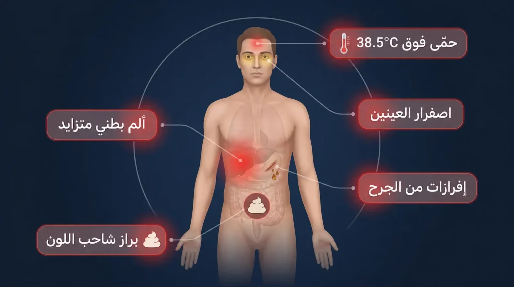 رسم طبي توضيحي يعرض خمس علامات تحذيرية تستدعي التوجه للطوارئ بعد عملية المرارة مثل اليرقان والحمى وألم البطن المتزايد