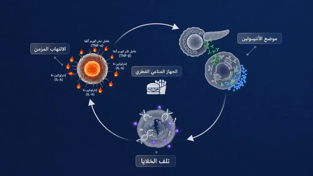 عرض ثلاثي الأبعاد للمسارات البيوكيميائية الثلاثة المتشابكة التي يُسببها النظام الغذائي الغربي وهي مقاومة الأنسولين والالتهاب المزمن والإجهاد التأكسدي في دورة تغذي بعضها