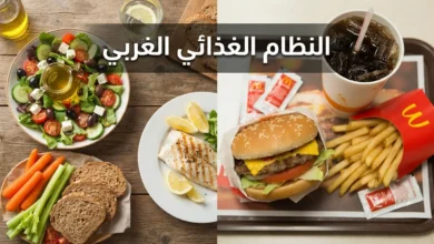 صورة مقارنة بين وجبة صحية متوسطية غنية بالخضروات والسمك المشوي ووجبة غربية سريعة تحتوي على برغر وبطاطس مقلية ومشروب غازي مع عنوان النظام الغذائي الغربي