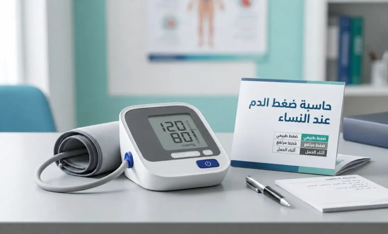 جهاز قياس ضغط الدم الرقمي مع عنوان حاسبة ضغط الدم عند النساء على بطاقة طبية توضيحية