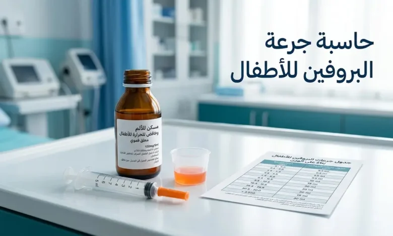 حاسبة جرعة البروفين للأطفال مع زجاجة شراب فموية وسرنجة قياس وجدول جرعات حسب الوزن