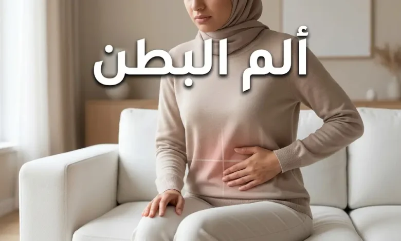 صورة غلاف تُظهر شخصاً يضع يده على بطنه مع تراكب خفيف لخريطة أرباع البطن التشريحية وعنوان ألم البطن