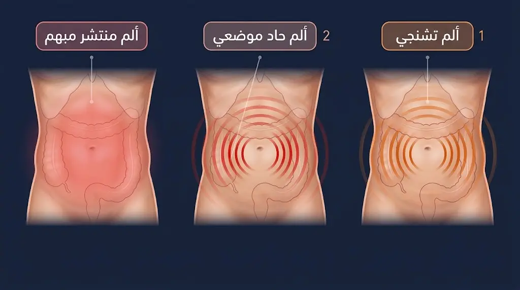 رسم طبي يقارن بين ثلاثة أنواع من ألم البطن — الألم التشنجي والألم الحاد الموضعي والألم المنتشر المبهم