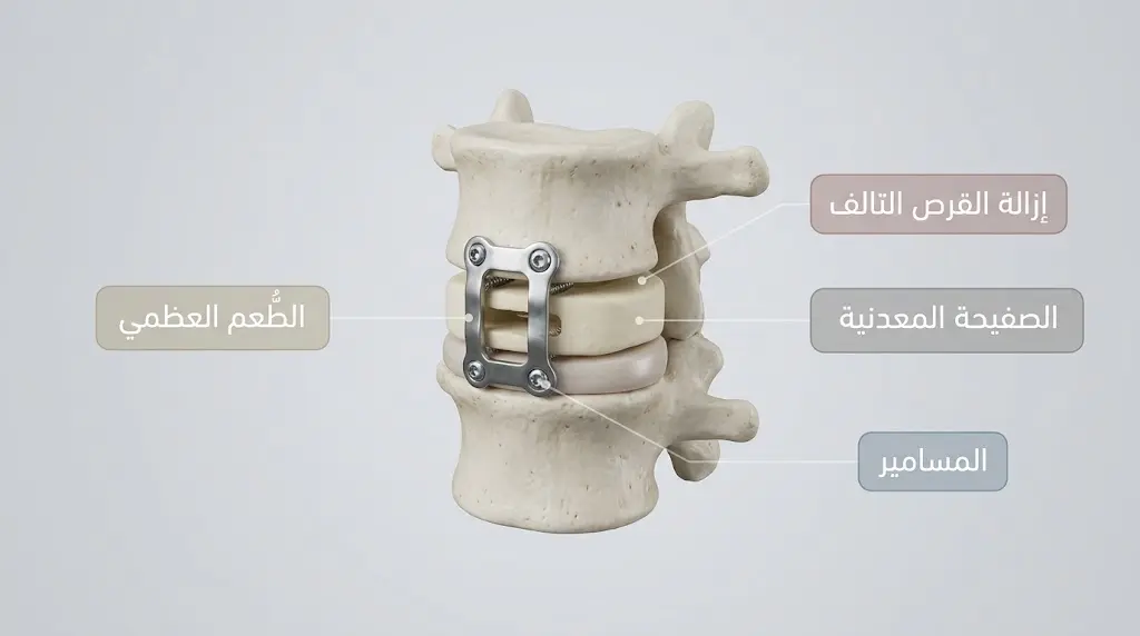 تصيير ثلاثي الأبعاد يوضح نتيجة عملية استئصال القرص الرقبي الأمامي والدمج مع الطعم العظمي والصفيحة المعدنية والمسامير