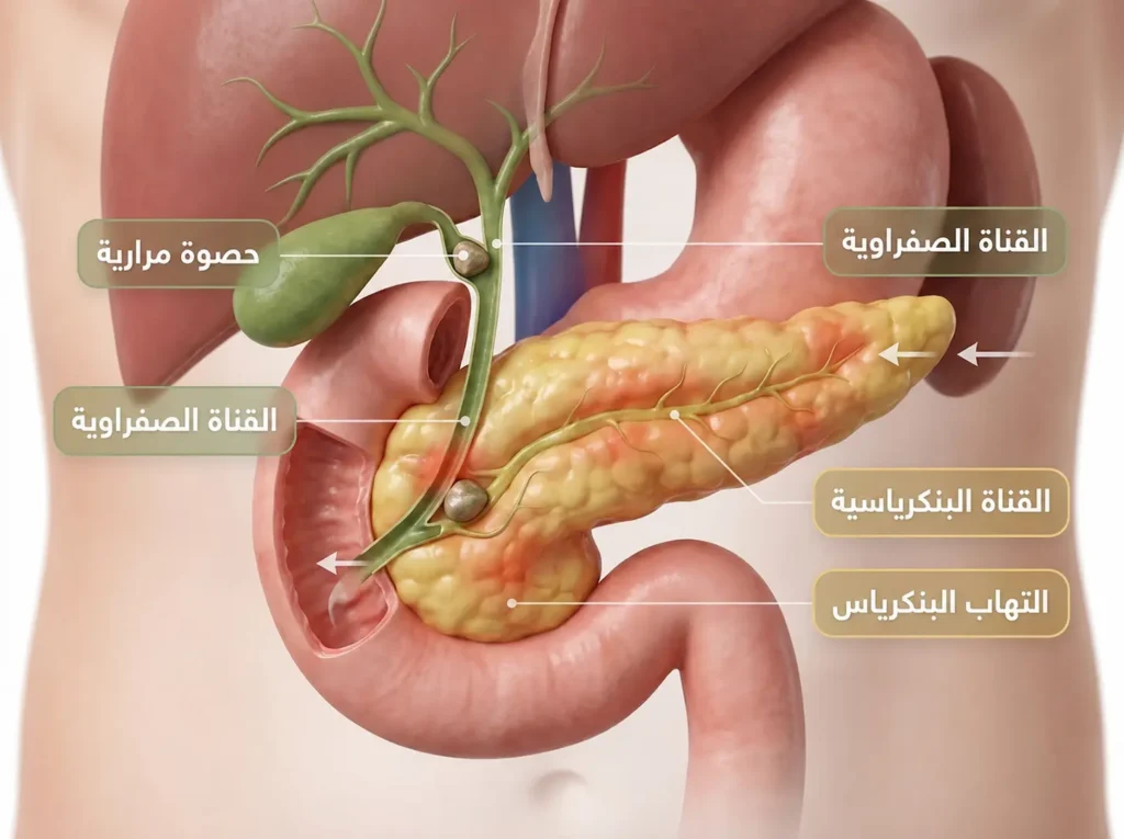 صورة طبية ثلاثية الأبعاد تُظهر التهاب البنكرياس الحاد مع حصوة مرارية وانسداد في مسار التصريف.