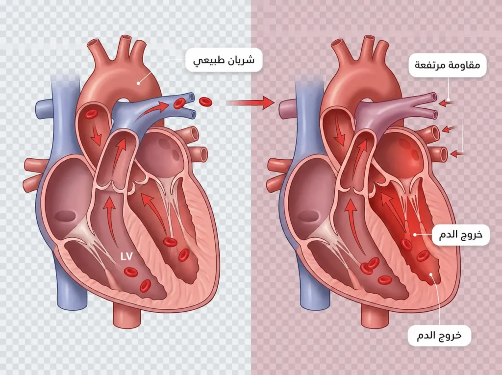رسم طبي يقارن بين خروج الدم عبر شريان طبيعي وآخر ذي مقاومة مرتفعة لشرح الحمولة التلوية
