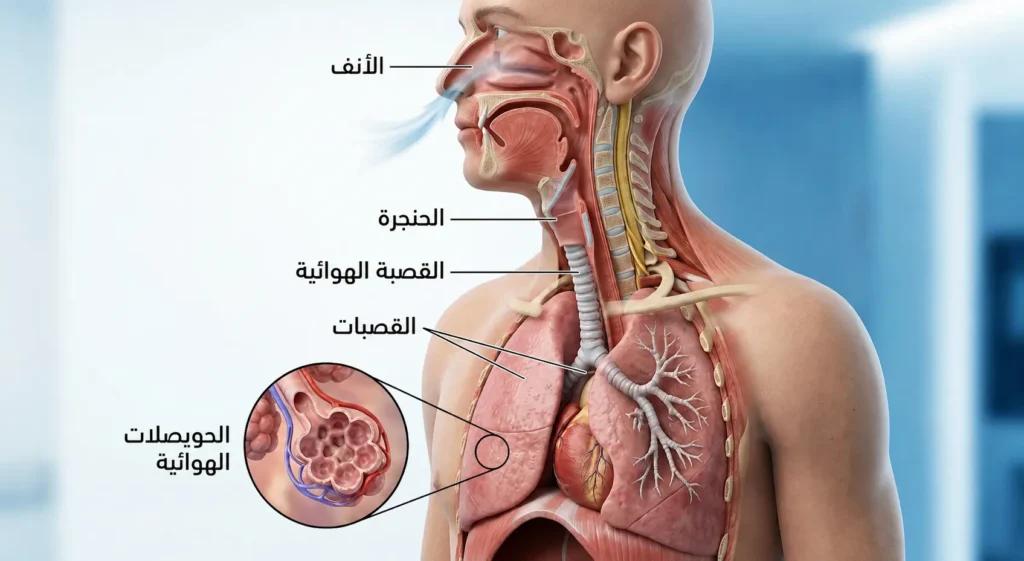 رسم طبي ثلاثي الأبعاد يوضح مسار الهواء من الأنف والحنجرة إلى القصبة الهوائية والقصبات ثم الحويصلات الهوائية.