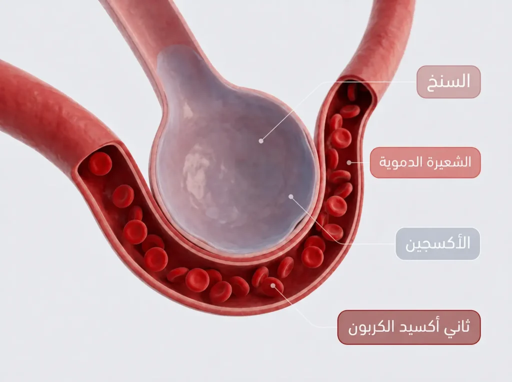 صورة مجهرية طبية ثلاثية الأبعاد تشرح التبادل الغازي بين السنخ الرئوي والشعيرة الدموية.