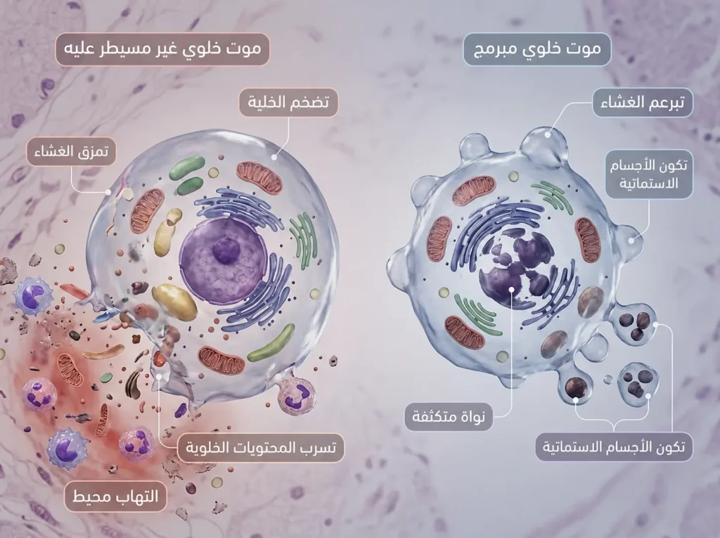 مقارنة طبية ثلاثية الأبعاد بين الاستماتة المنظمة والنخر الفوضوي وتأثير كل منهما في الالتهاب.