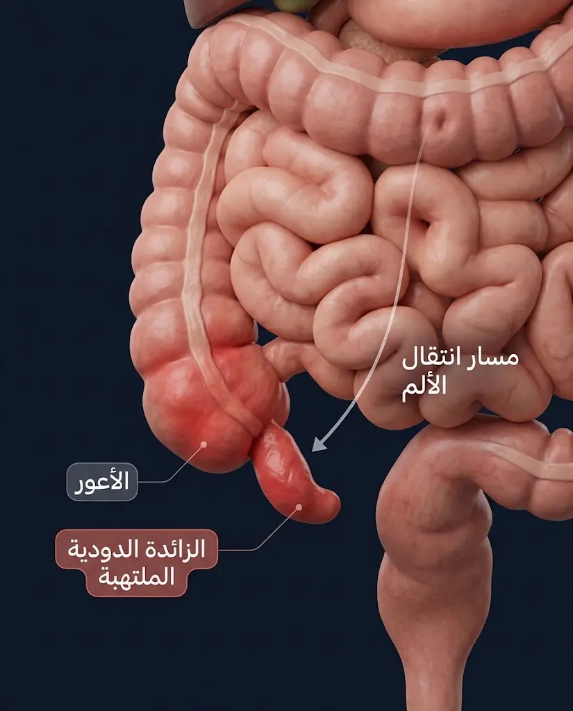 رسم ثلاثي الأبعاد يُظهر الزائدة الدودية الملتهبة والمتورمة مع سهم يوضح مسار انتقال الألم من حول السرة إلى الربع السفلي الأيمن