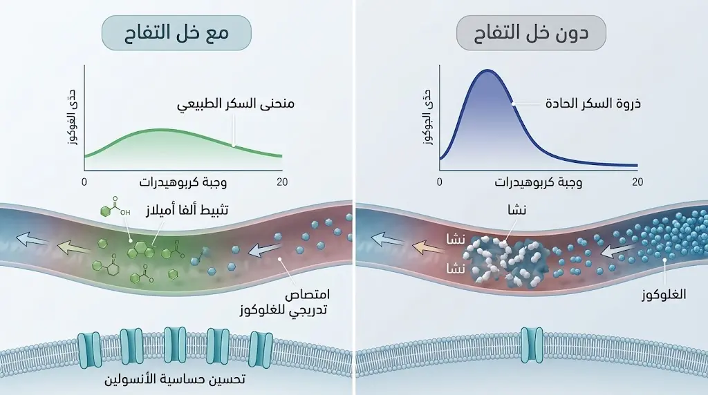 مقارنة بصرية لمنحنى سكر الدم بعد الأكل مع وجود خل التفاح ودونه