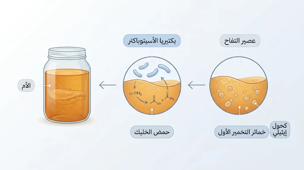 مراحل التخمير المزدوج لإنتاج خل التفاح من عصير التفاح إلى "الأم"