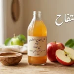 زجاجة خل التفاح العضوي مع تفاحة طازجة على خلفية خشبية دافئة