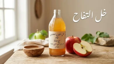 زجاجة خل التفاح العضوي مع تفاحة طازجة على خلفية خشبية دافئة