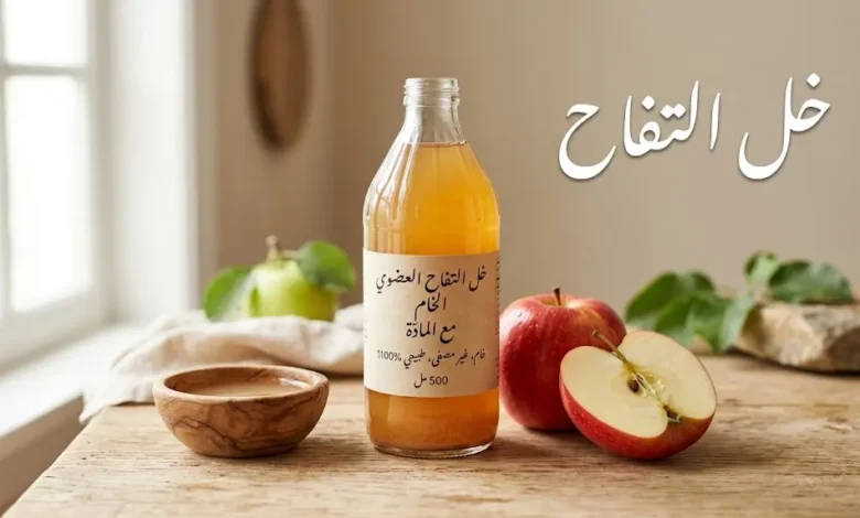 زجاجة خل التفاح العضوي مع تفاحة طازجة على خلفية خشبية دافئة