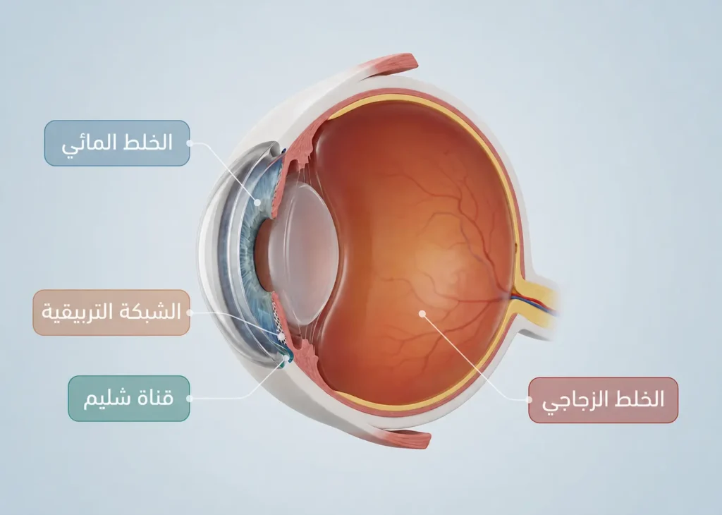 رسم تشريحي يوضح الخلط المائي ومسار تصريفه والخلط الزجاجي داخل العين