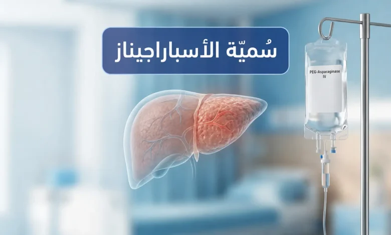 صورة غلاف طبية توضيحية تُظهر كيس محلول بيغ-أسباراجيناز معلّقاً على عمود تسريب في عيادة أورام أطفال حديثة، مع رسم ثلاثي الأبعاد شفاف للكبد يُوضّح التأثير السُّمّي المحتمل، وعنوان سُمّية الأسباراجيناز بالعربية