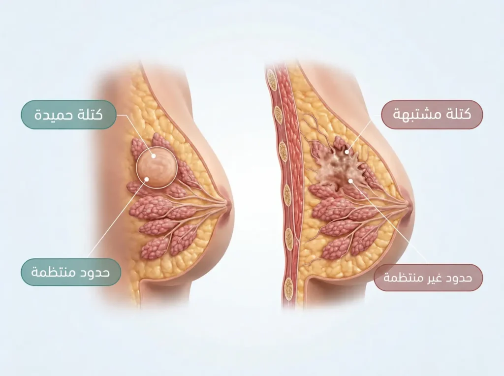 مقارنة تشريحية بين كتلة حميدة ذات حدود منتظمة وكتلة مشتبهة ذات حدود غير منتظمة داخل نسيج الثدي.
