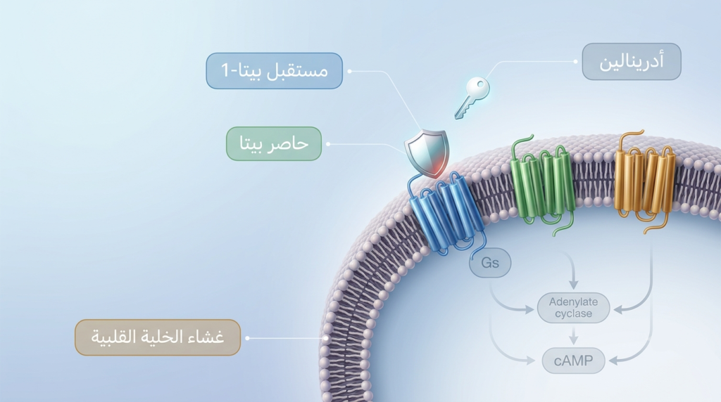 رسم توضيحي طبي واقعي يُظهر آلية عمل حاصرات بيتا على مستوى غشاء الخلية القلبية مع مستقبلات بيتا الأدرينالية وجزيء الأدرينالين المحجوب.