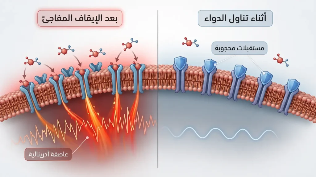رسم طبي مقارن يوضح الفرق بين حالة الخلية القلبية أثناء تناول حاصرات بيتا وبعد إيقافها المفاجئ مع حدوث العاصفة الأدرينالية.