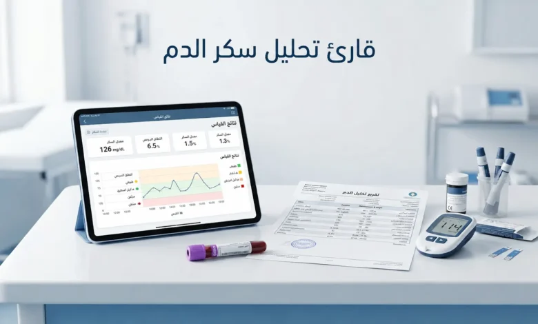 صورة غلاف واقعية لأداة قارئ تحليل سكر الدم تُظهر تقرير تحليل مخبري وجهاز قياس سكر وشاشة تعرض نتائج الغلوكوز في بيئة طبية حديثة دون أشخاص.