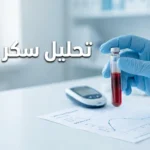 صورة غلاف لمقال تحليل سكر الدم تُظهر أنبوب دم في يد مختبرية مع جهاز قياس سكر وتقرير مخبري في خلفية مختبر حديث نظيف.