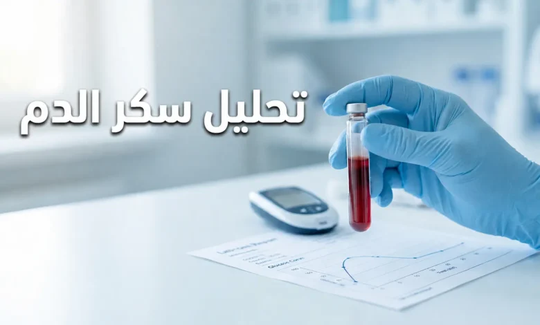 صورة غلاف لمقال تحليل سكر الدم تُظهر أنبوب دم في يد مختبرية مع جهاز قياس سكر وتقرير مخبري في خلفية مختبر حديث نظيف.