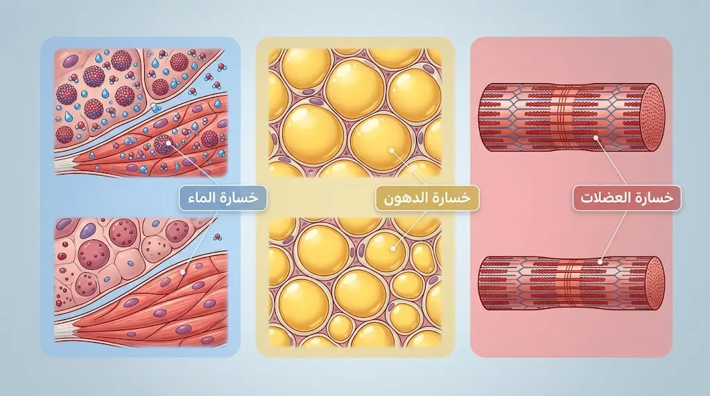 رسم طبي توضيحي يُقارن بين خسارة الماء والدهون والعضلات في جسم الإنسان أثناء الريجيم