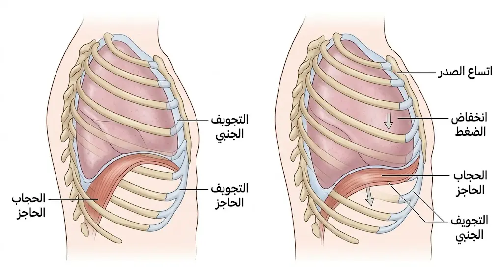 مقارنة طبية توضح كيف يؤدي اتساع الصدر وهبوط الحجاب الحاجز إلى انخفاض الضغط داخل الرئتين أثناء الشهيق.
