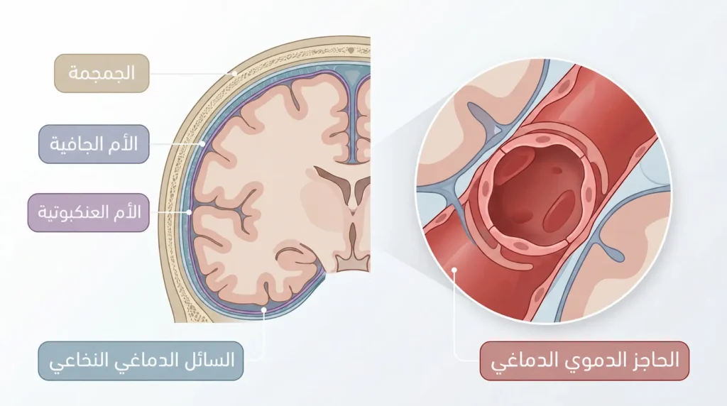 رسم طبي يوضح الجمجمة والسحايا والسائل الدماغي النخاعي مع تكبير للحاجز الدموي الدماغي