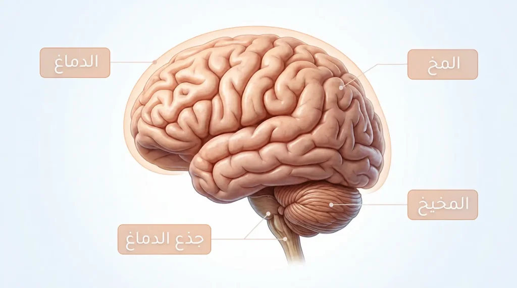رسم تشريحي يوضح الفرق بين الدماغ الكامل والمخ مع إظهار المخيخ وجذع الدماغ