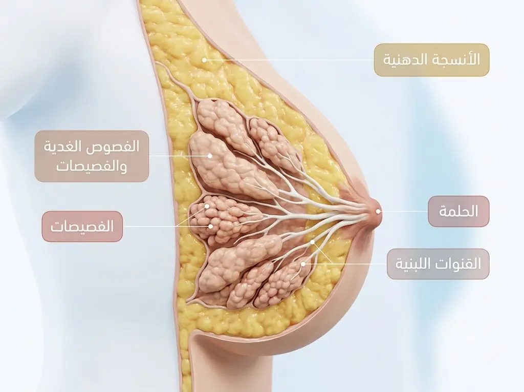 مقطع تشريحي واقعي للثدي يوضح الفصوص الغدية والفصيصات والقنوات اللبنية والأنسجة الدهنية والحلمة.