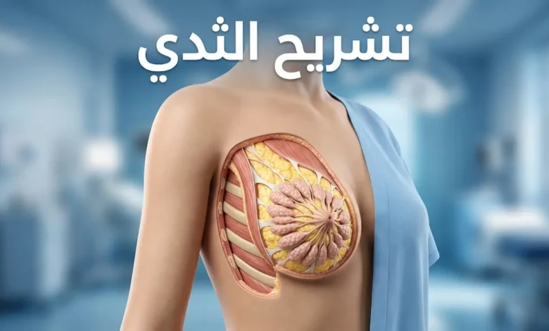 غلاف طبي واقعي يوضح تشريح الثدي بمشهد ثلاثي الأبعاد نظيف مع إظهار البنية الداخلية بشكل علمي.