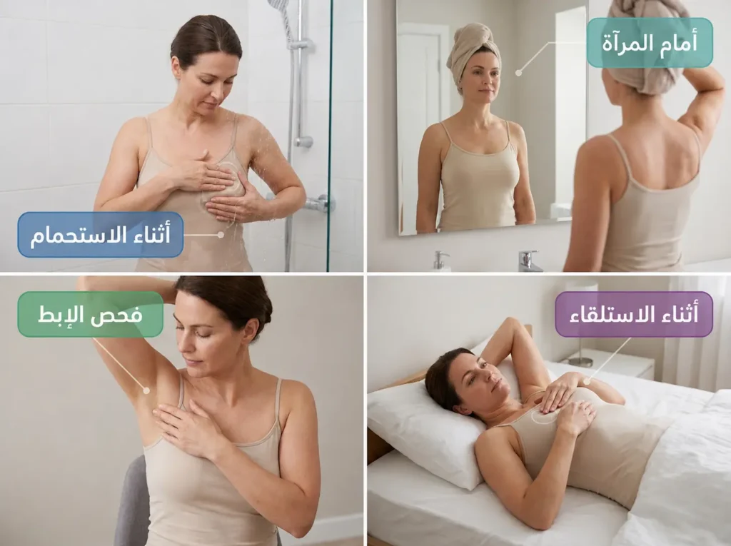 صورة واقعية بأربع لقطات تشرح خطوات الفحص الذاتي للثدي أمام المرآة وأثناء الاستحمام والاستلقاء وفحص الإبط.