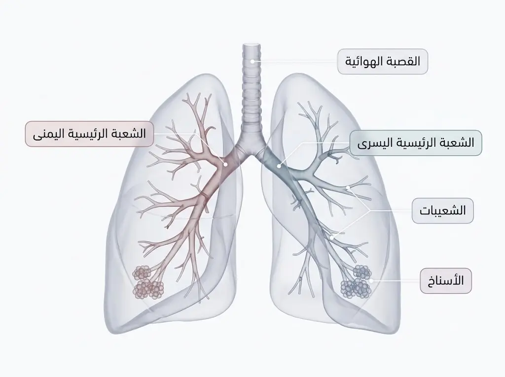 صورة طبية ثلاثية الأبعاد تشرح تفرع القصبة الهوائية إلى الشعب والشعيبات حتى الوصول إلى الأسناخ.