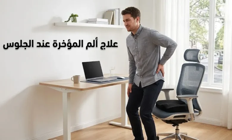 رجل يقف من كرسي مكتبه الأرغونومي وهو يضع يده على مؤخرته بألم خفيف مع وسادة عصعص طبية على الكرسي وعنوان علاج ألم المؤخرة عند الجلوس