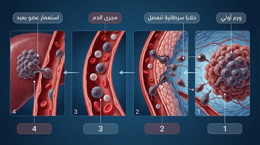 رسم علمي يوضح مراحل انبثاث الخلايا السرطانية من الورم الأولي إلى أعضاء بعيدة.