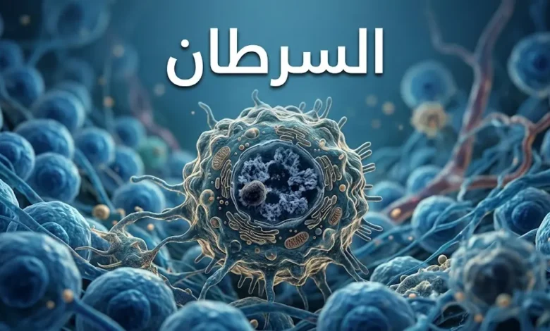 صورة توضيحية للسرطان تُظهر خلية سرطانية ثلاثية الأبعاد محاطة بخلايا سليمة.