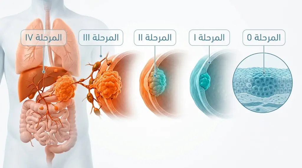 رسم توضيحي لمراحل تطور السرطان من المرحلة الصفرية إلى المرحلة الرابعة.