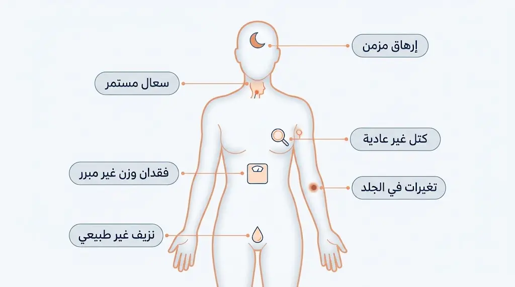 إنفوغرافيك طبي يوضح العلامات التحذيرية المبكرة للإصابة بالسرطان.