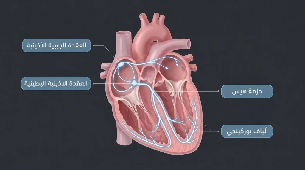 رسم توضيحي واقعي للنظام الكهربائي للقلب يُظهر مسار الإشارة من العقدة الجيبية إلى ألياف بوركينجي