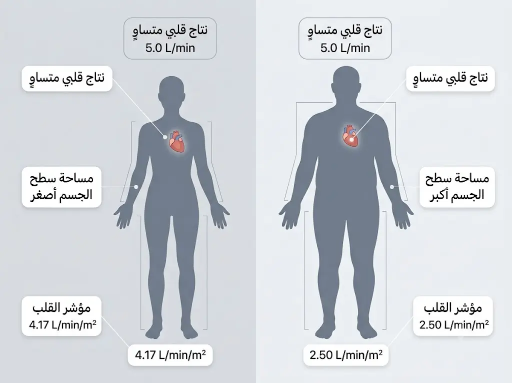 رسم يوضح أن نفس قيمة النتاج القلبي قد تحمل معنى سريرياً مختلفاً تبعاً لمساحة سطح الجسم