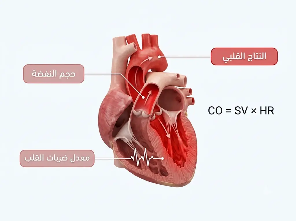 رسم طبي ثلاثي الأبعاد يوضح أن النتاج القلبي يساوي حجم النفضة مضروباً في معدل ضربات القلب