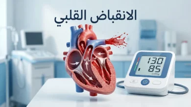 قلب بشري تشريحي واقعي بجانب جهاز قياس ضغط رقمي يرمز إلى الانقباض القلبي والضغط الانقباضي.