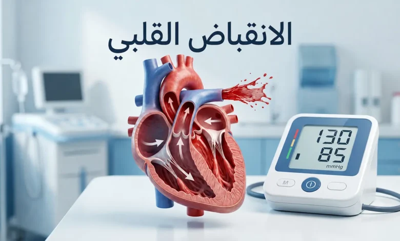 قلب بشري تشريحي واقعي بجانب جهاز قياس ضغط رقمي يرمز إلى الانقباض القلبي والضغط الانقباضي.