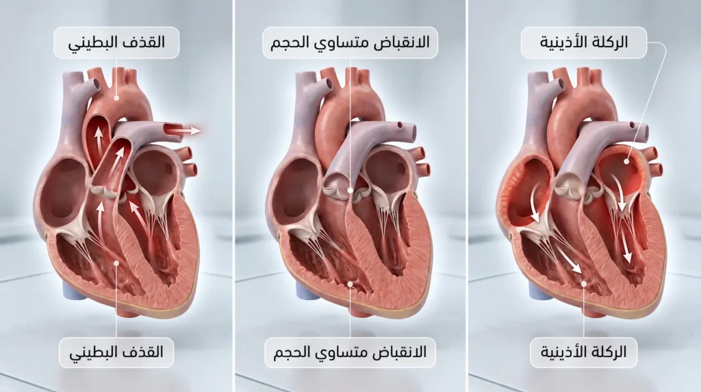 ثلاث مراحل متتابعة تشرح انتقال القلب من امتلاء البطينين إلى الانقباض متساوي الحجم ثم قذف الدم إلى الشرايين.