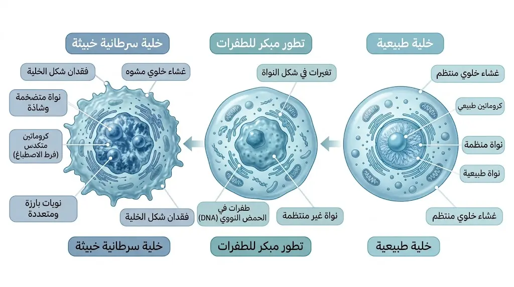 رسم توضيحي يبين مراحل تحول الخلية الطبيعية إلى خلية سرطانية.